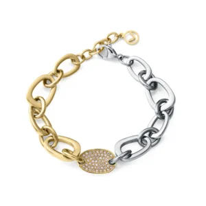 Pulsera Mujer Acero e IP Dorado con Eslabones y Circonitas Blancas