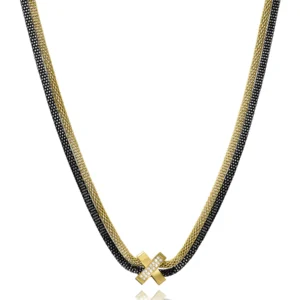 Collar de mujer de acero Ip dorado y negro doble esterilla redonda con una X con circonitas 55,00€
