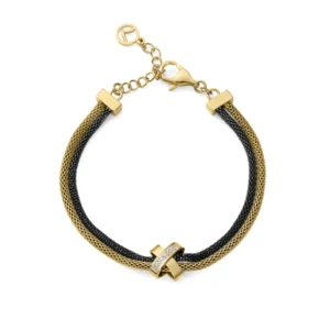 Pulsera de mujer de acero Ip dorado y negro doble esterilla redonda con una X con circonitas